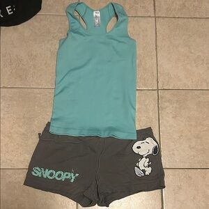 Teal Tank Top and Snoopy Gray Shorts Sleep Set